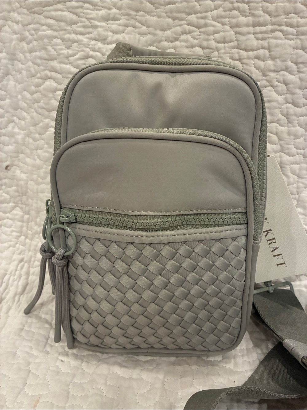 NWT Antik Kraft Pale Greenish Gray Woven One Shoulder Sling Mini Backpack (ABBA)
